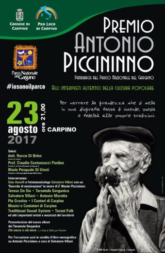 Carpino: il 23 agosto il premio ‘Antonio Piccininno’ Il Gargano rende omaggio ‘Zì Antonio’: importanti artisti al ‘Premio Piccininno’gargano.Premio antonio piccininno cantore carpino.