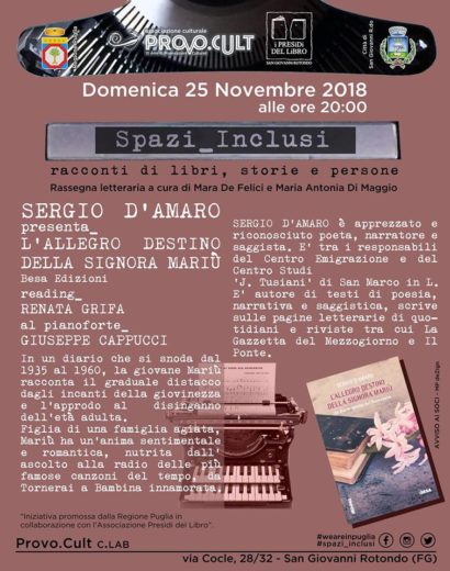 Al Provo.Cult di San Giovanni Rotondo SERGIO D’AMARO presenta il suo libro “L’ALLEGRO DESTINO DELLA SIGNORA MARIU’ “