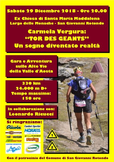 Carmela Vergura racconterà la sua avventura al TOR des GEANTS alla città di San Giovanni Rotondo