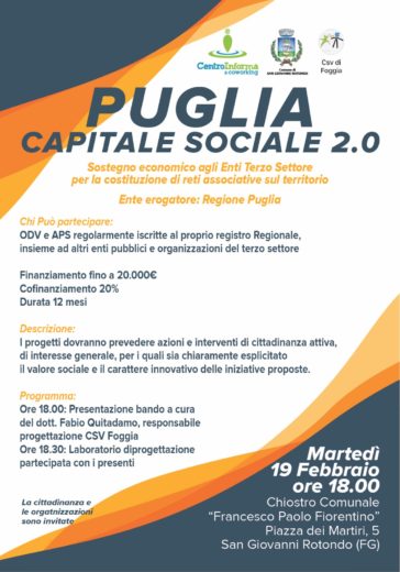 San Giovanni Rotondo: presentazione dell’avviso regionale “Puglia Capitale Sociale 2.0”