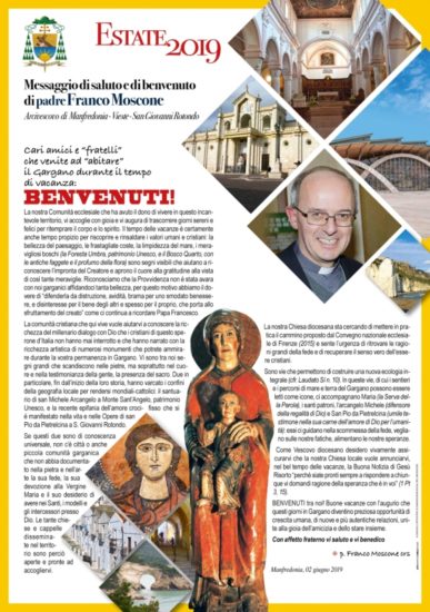 Il Benvenuto ai turisti sul Gargano dell’arcivescovo p. Franco Moscone