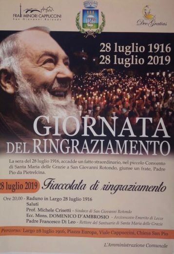Anniversario dell’arrivo di Padre Pio a San Giovanni Rotondo 28 Luglio 1916