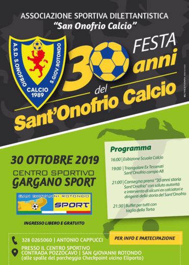 Compie 30 anni di attività sul territorio il SANT’ONOFRIO CALCIO