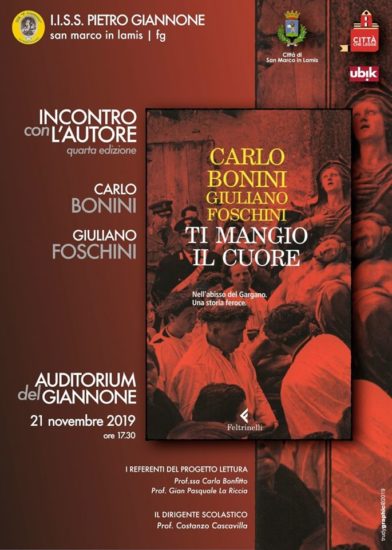 L’autore di “Ti mangio il cuore” a San Marco in Lamis per incontrare gli studenti
