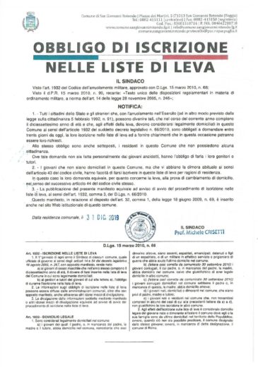 Obbligo di iscrizione nelle liste di leva per i nati nel 2003