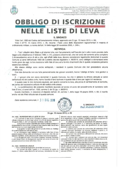 Obbligo di iscrizione nelle liste di leva per i nati nel 2003