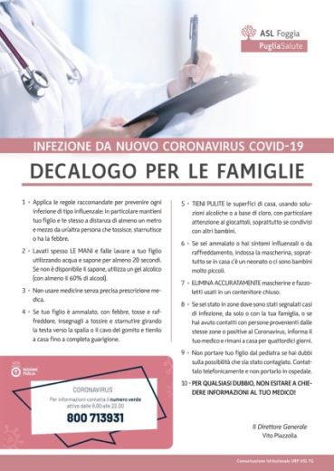 Le raccomandazioni della ASL FOGGIA rivolta ai sindaci sul covid19