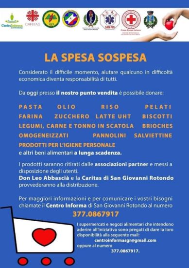 Spesa sospesa San Giovanni Rotondo, negozi aderenti