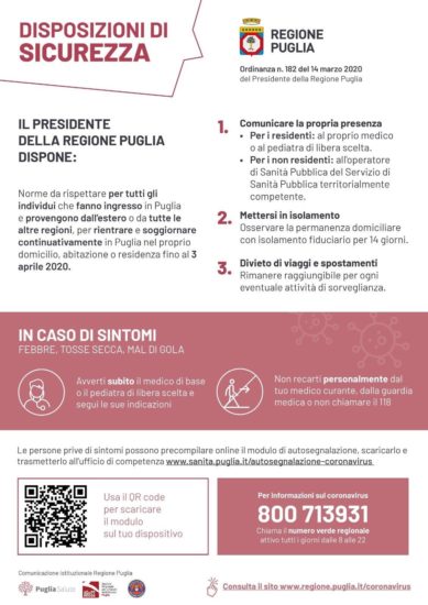 Nuove disposizione del Presidente della Regione Puglia