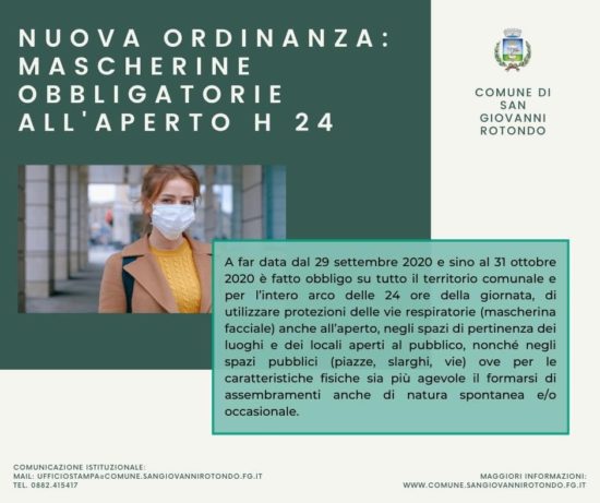 Mascherina obbligatoria all’aperto nella Città di San Giovanni Rotondo